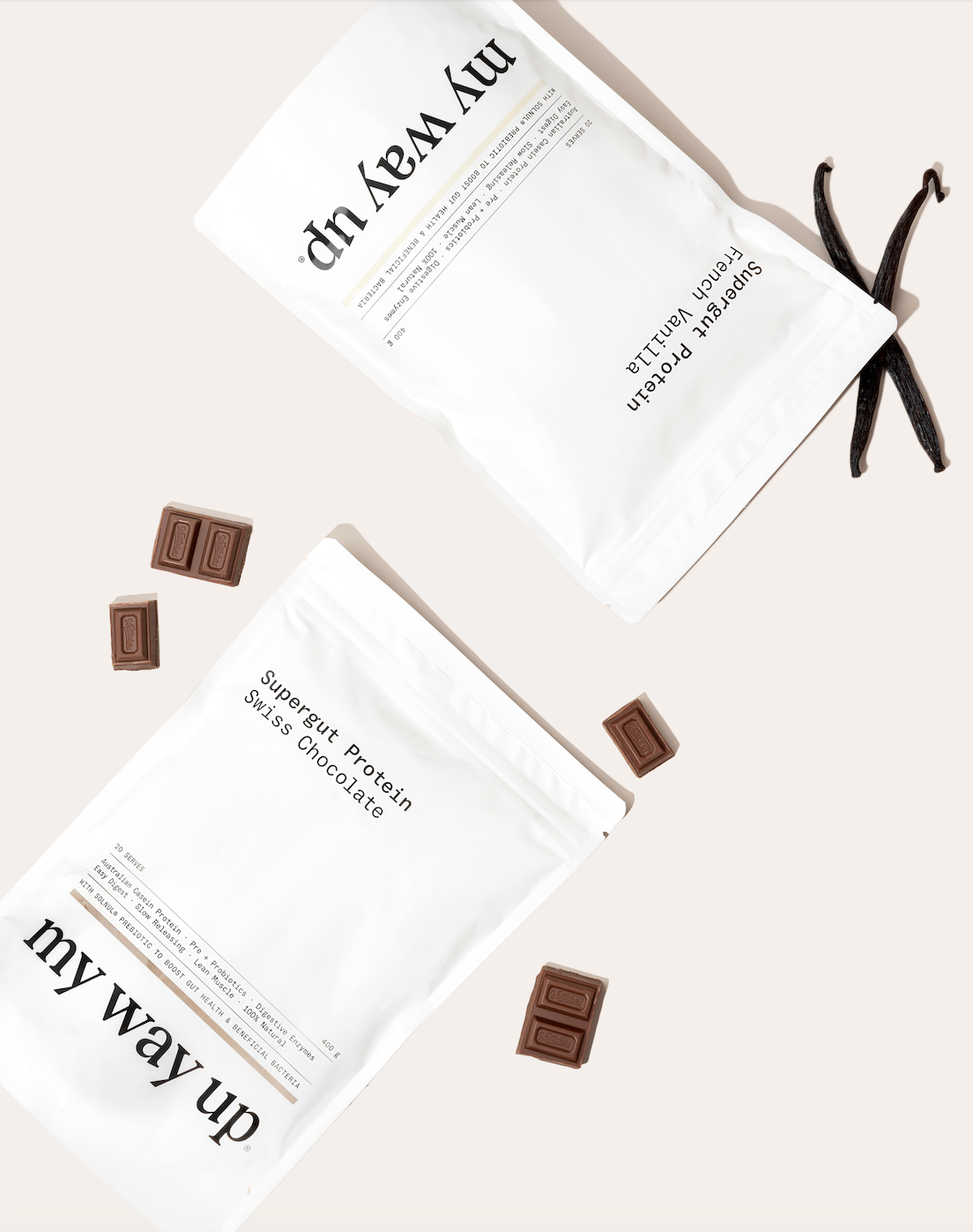 My Way Up Supergut choc vanilla flatlay