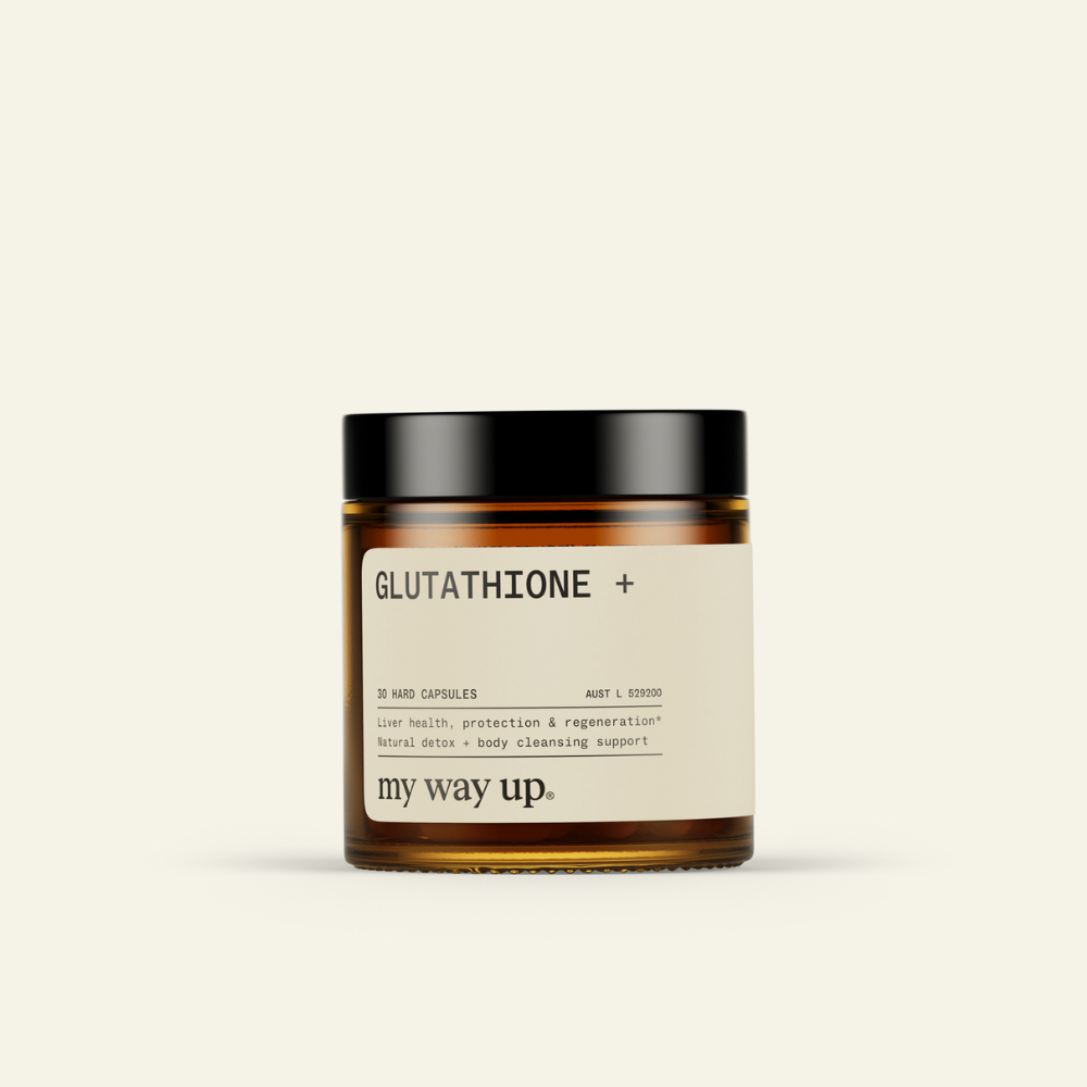My Way Up Glutathione+ glutathione capsules in amber glass jar, 30 hard capsules