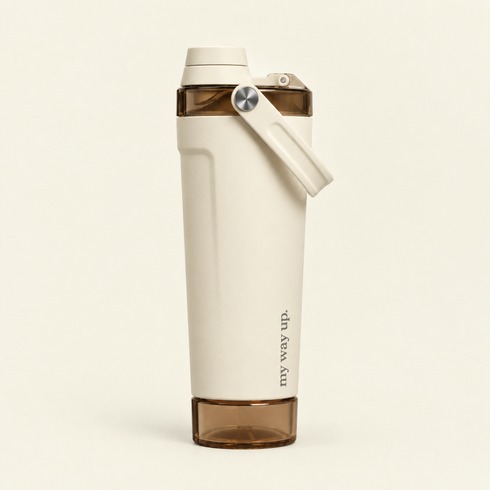 My Way Up Luxe Stainless Steel Shaker Bottle in cream with amber storage pod and carry handle